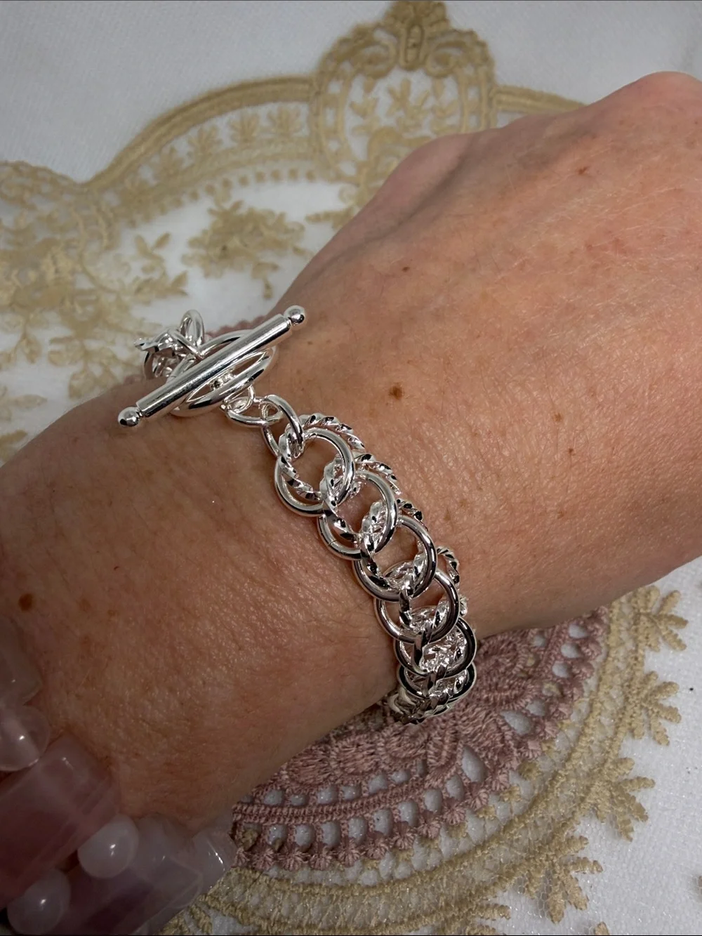 925 Sterling Silver Chainmail Toggle Bracelet Textured Links Clean Girl